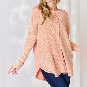 NWT Zenana Vintage Washed Waffle Knit Oversized Thermal Top in Light Orange